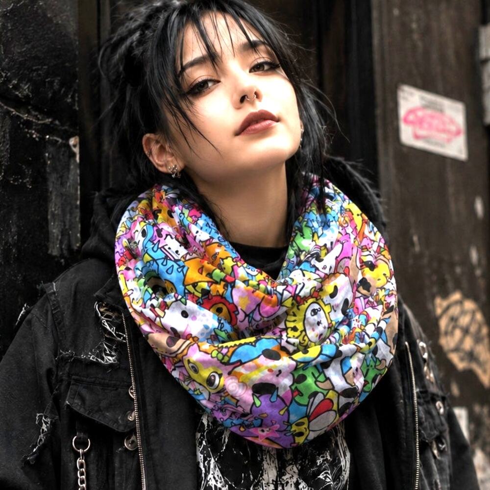 Tokidoki Neon Star Kawaii Character Print Infinity Scarf Multi-Color NWT